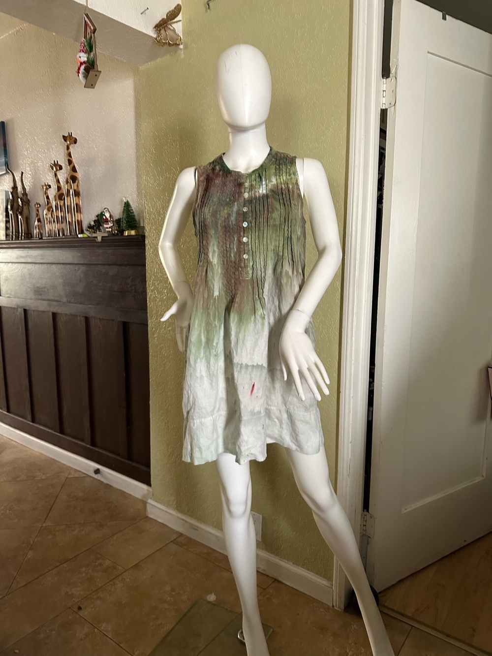 Quince Tie-Dye Linen Mini Dress in Green and Brown
